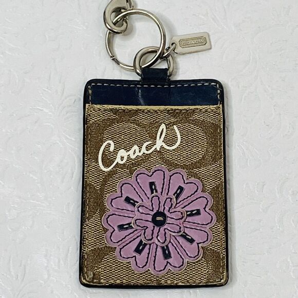 Coach ID Badge Lanyard Brown Leather w Purple Flower - Picture 2 of 10